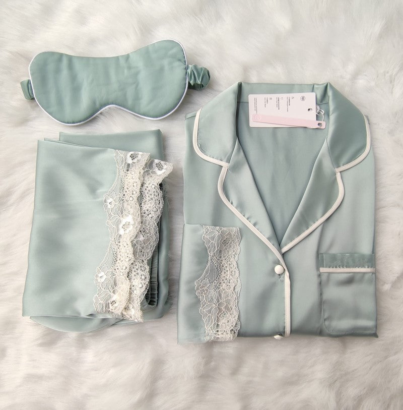 Satin Notch Collar Lace Trim Pajama Set with Eye Mask