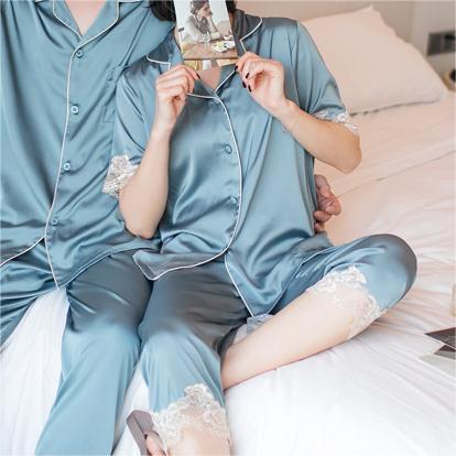 Satin Eyelash Lace Trim Short Sleeve Pajama Set