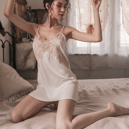 Floral Lace-Trim Tie Back Satin Chemise & Thong