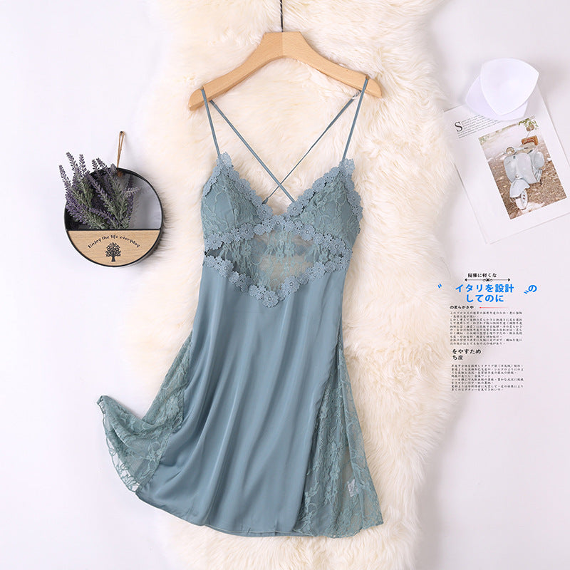 Embroidery Trim Mesh Hem Satin Nightdress