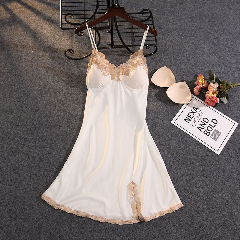 Embroidery Lace Trim Side Slit Satin Bra-In Chemise