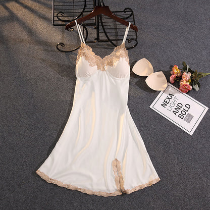 Embroidery Lace Trim Side Slit Satin Bra-In Chemise