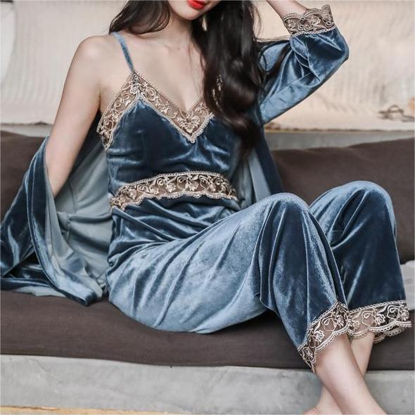 Velvet Lace Trim Cami Top & Pant 3-Piece Pajama Set