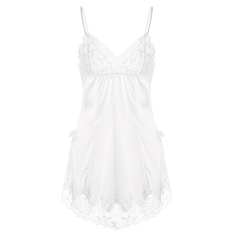 Bow-Embellished Side Slit Satin Chemise & Thong