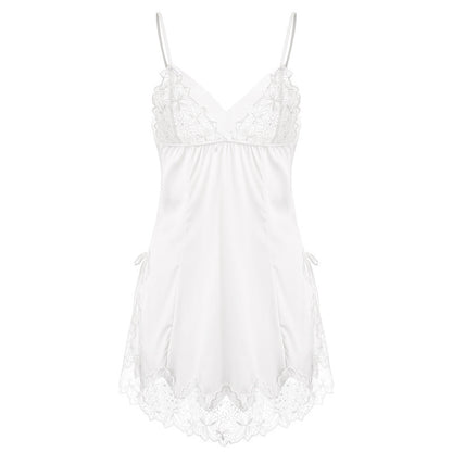 Bow-Embellished Side Slit Satin Chemise & Thong