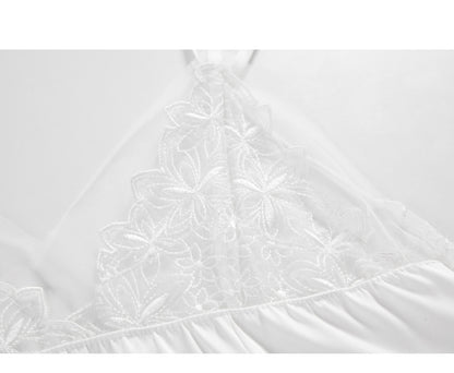 Bow-Embellished Side Slit Satin Chemise & Thong