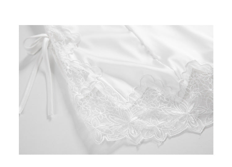 Bow-Embellished Side Slit Satin Chemise & Thong