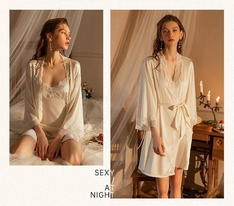 Lace Trimmed Open Back Slip & Robe