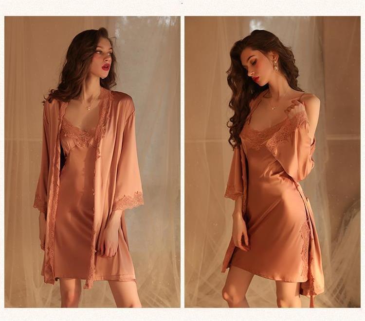 Lace Trimmed Open Back Slip & Robe