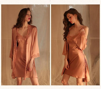 Lace Trimmed Open Back Slip & Robe