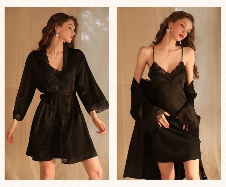 Lace Trimmed Open Back Slip & Robe