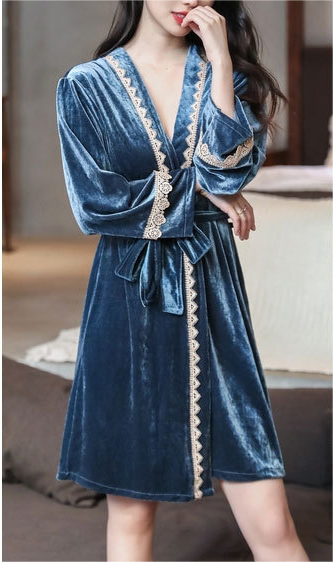 Velvet Lace Trim Slip with Robe 2-Piece Set
