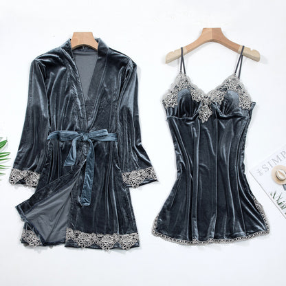 Velvet Lace Trim Slip with Robe 2-Piece Set