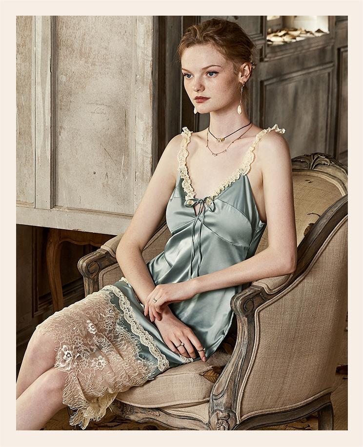 Vintage Lace Tie Front Bridal Satin Nightgown