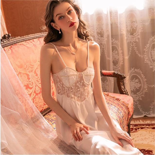 Lace Detail Contrast Trim Midi Nightgown