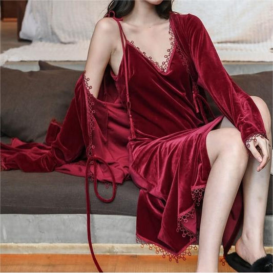 Velvet Backless Midi Nightgown with Robe 2-Piece Set