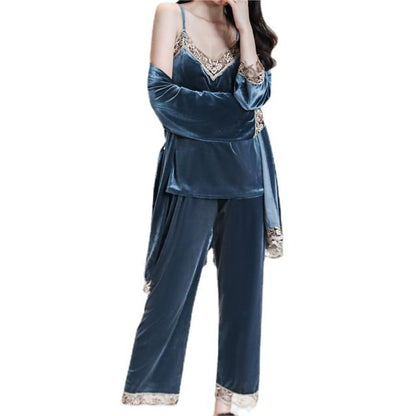 Velvet Lace Trim Cami Top & Pant 3-Piece Pajama Set