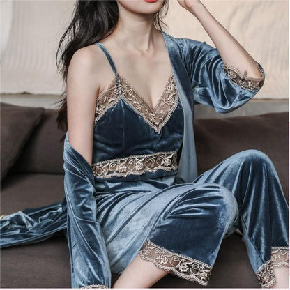 Velvet Lace Trim Cami Top & Pant 3-Piece Pajama Set