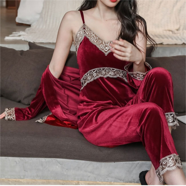 Velvet Lace Trim Cami Top & Pant 3-Piece Pajama Set