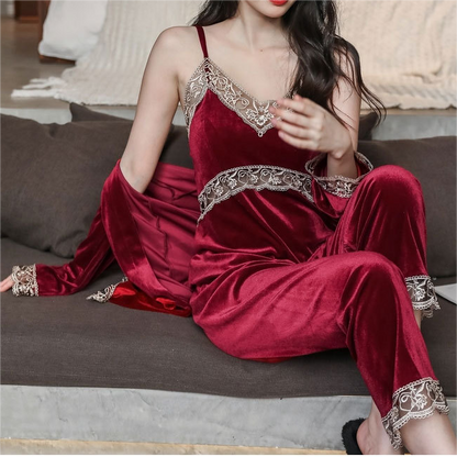 Velvet Lace Trim Cami Top & Pant 3-Piece Pajama Set