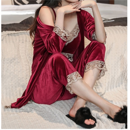 Velvet Lace Trim Cami Top & Pant 3-Piece Pajama Set