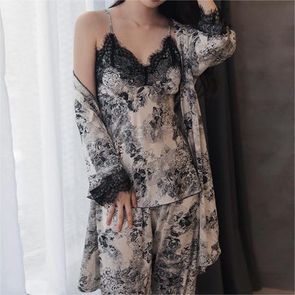 Silky Lace Trim Cami Top & Short 3-Piece Pajama Set