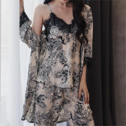 Silky Lace Trim Cami Top & Short 3-Piece Pajama Set