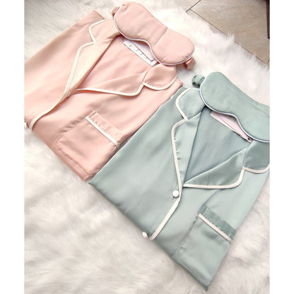 Satin Notch Collar Lace Trim Pajama Set with Eye Mask