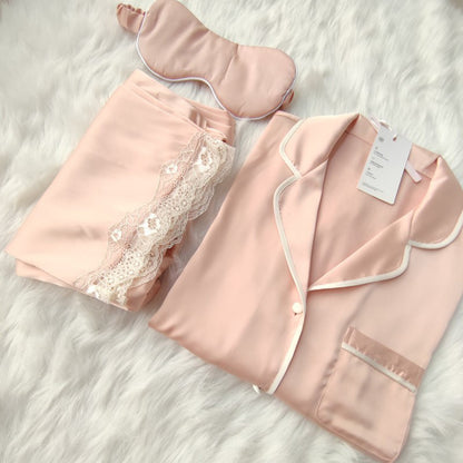 Satin Notch Collar Lace Trim Pajama Set with Eye Mask