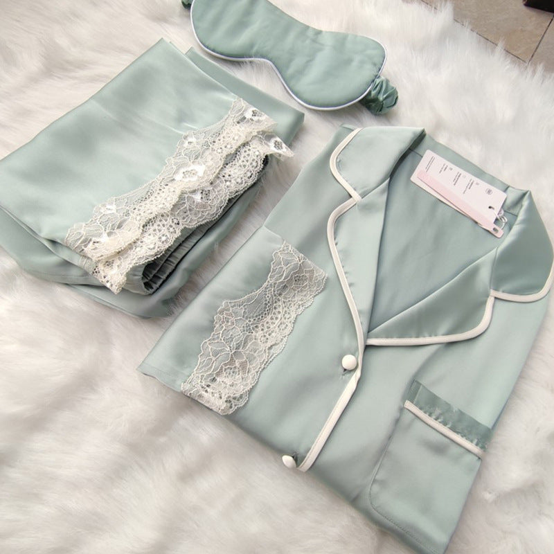 Satin Notch Collar Lace Trim Pajama Set with Eye Mask