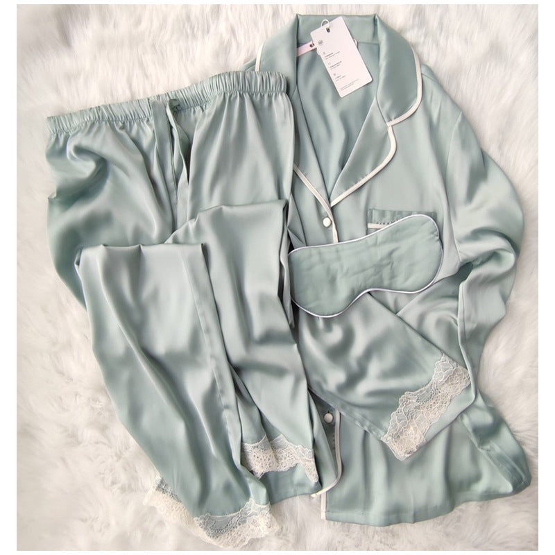 Satin Notch Collar Lace Trim Pajama Set with Eye Mask