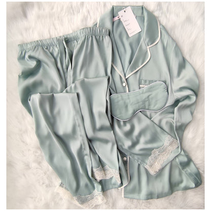 Satin Notch Collar Lace Trim Pajama Set with Eye Mask