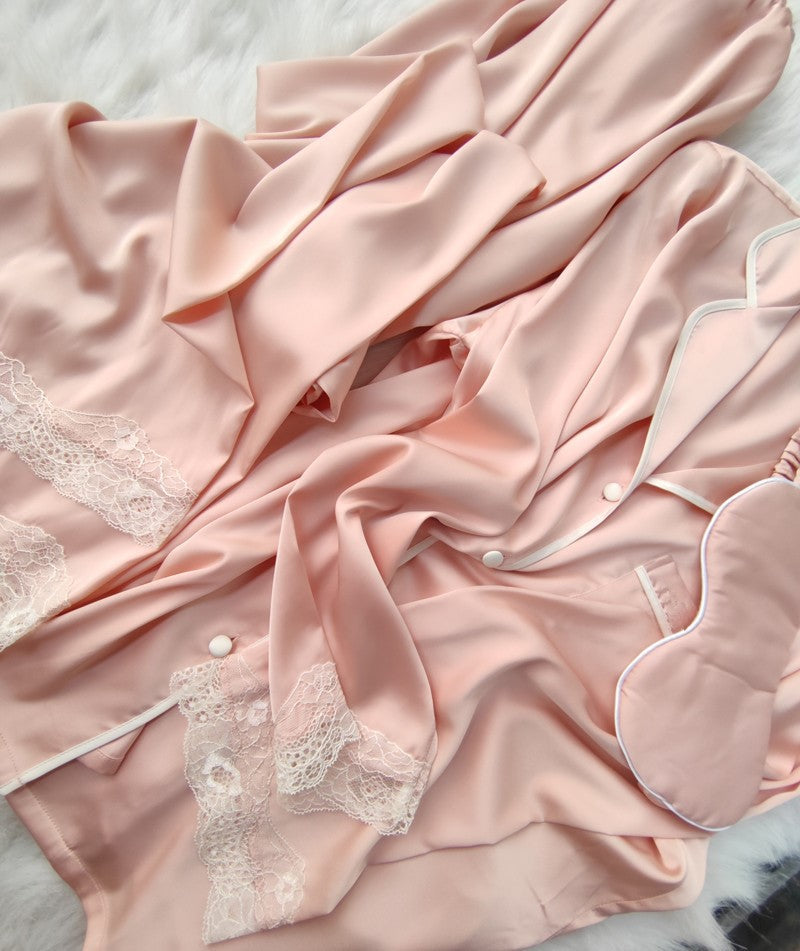Satin Notch Collar Lace Trim Pajama Set with Eye Mask