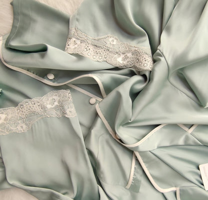 Satin Notch Collar Lace Trim Pajama Set with Eye Mask