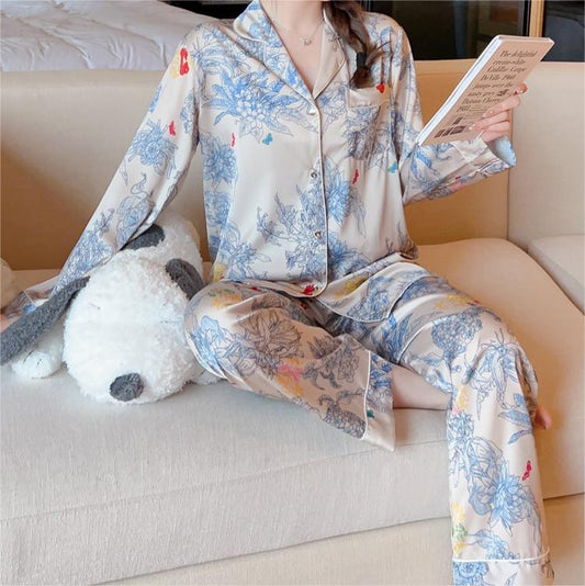 Satin Flower & Plant Print Pajama Set