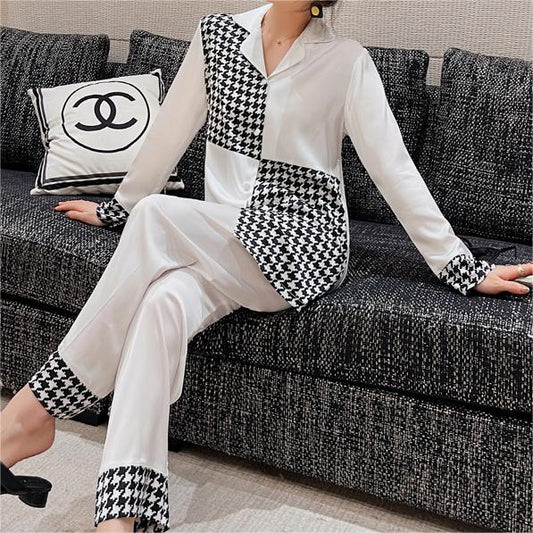 Stylish Satin Houndstooth Pajama Leisurewear