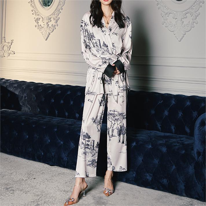Toile de Jouy Print 3 Pieces Cami Long Pajama Set