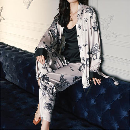 Toile de Jouy Print 3 Pieces Cami Long Pajama Set