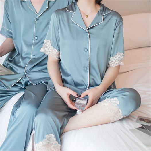Satin Eyelash Lace Trim Short Sleeve Pajama Set