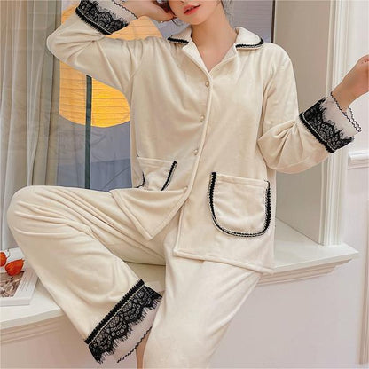 Velvet Eyelash Lace Warm Pajama Set