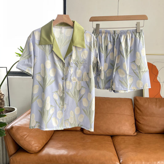 Floral Print Tulip Short Satin Pajama Set